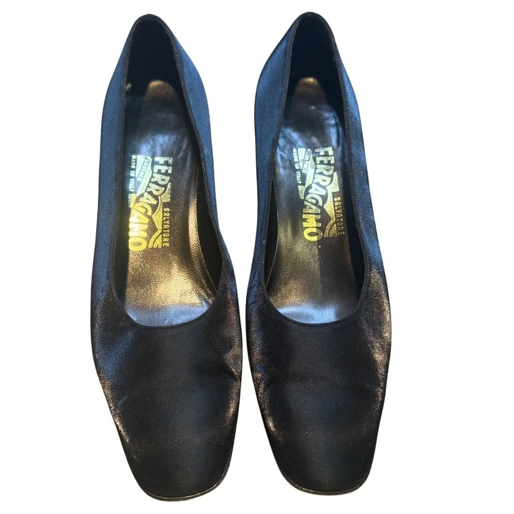 Vintage Salvatore Ferragamo‎ Black Square Toe Block Heel Pumps Women's 8 Italy